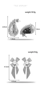 Detailed dimensions of stainless steel drop and bow-shaped earrings with measurements