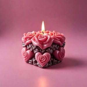 Bougie parfumée cubique rose et cœur avec flamme stable sur fond rose poudré