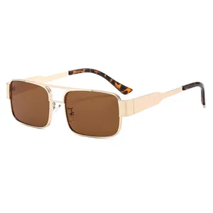 Retro square metal double bridge sunglasses with brown lenses and tortoiseshell temple tips