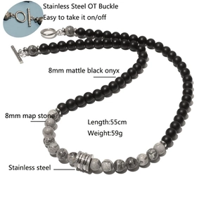 Men's 8mm map stone and matte black onyx beaded necklace with stainless steel OT buckle