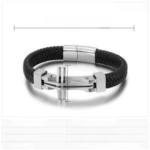Detail view of woven leather bracelet with stainless steel cross showing size 215x12mm