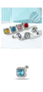 Macro detail of square gemstone earrings with halo diamonds and screw-back closure