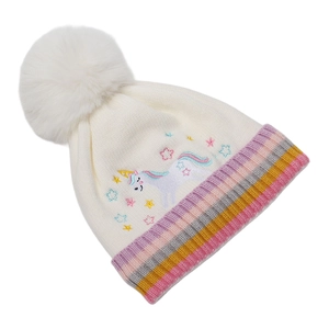 Bonnet en tricot licorne pour enfants avec pompon en fourrure et revers rayé