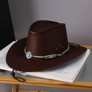 Brown western cowboy hat with turquoise sunflower pendant and ethnic beaded trim