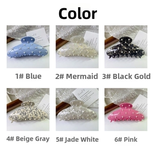 Detailed grid showing six elegant acetate hair claws with pearls in varied colors