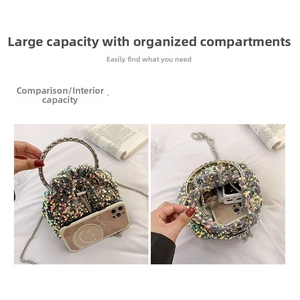 Detail view of large capacity sequin bucket bag showing interior space for phone and makeup