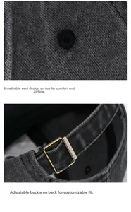 Detailed view of embroidery vents and adjustable bronze buckle on washed baseball cap