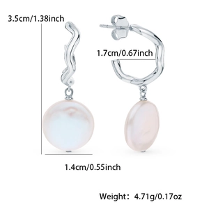 Detailed dimensions of silver S925 C-shape earrings with baroque white pearls