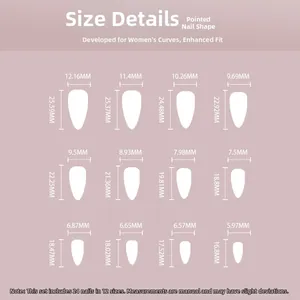 Size chart showing width and length for stiletto press-on nails in twelve unique sizes
