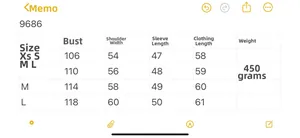 Size chart showing bust, shoulder and length measurements for faux suede jacket