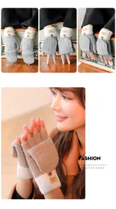Close-up of convertible fingerless knitted gloves with button flap and leather label
