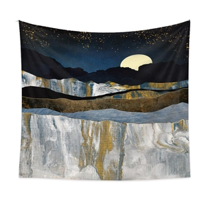 Detailed close-up showing fluid marble textures and gold foil details on mountain tapestry