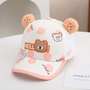 Detail view of breathable summer mesh baseball cap with cute bear ears and Hello print