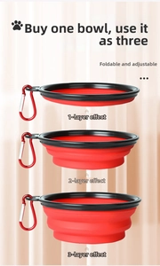 Three-stage collapsible TPE pet bowl in red showing various depth levels with carabiner