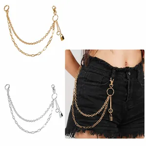 Detail view of double-layer hip-hop thorn metal pants chain with lock pendant and hooks