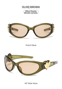 Detail of olive green Y2K sunglasses with brown lenses and golden heart metal accent