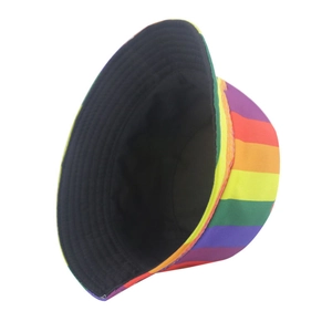 Detail view of rainbow striped bucket hat with black lining and durable fabric texture