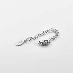 Detail of silver stainless steel extender chain with lobster clasp and S.steel tag
