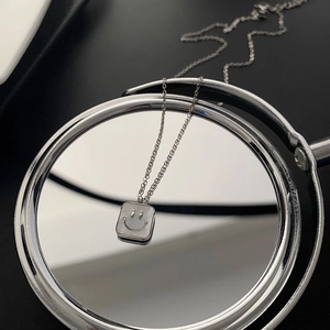 Silver titanium steel necklace with square shell pendant and smile design on mirror surface