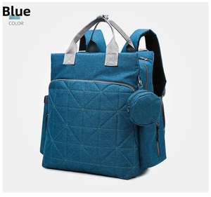 Detailed view of blue diaper backpack with quilted pattern and side accessory pouch
