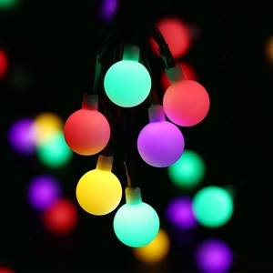 Close-up of colorful LED round globe string lights for outdoor camping tent decoration