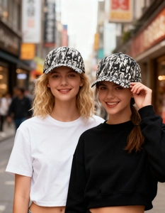 Gros plan de casquettes de baseball avec imprimés abstraits portées par des mannequins