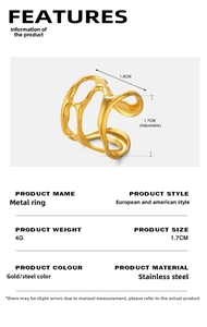 Detail view of adjustable irregular gold-plated stainless steel ring with 1.7cm diameter
