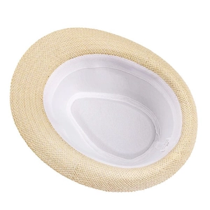 Beige linen sun hat with smooth brim and internal size 58 label on white background