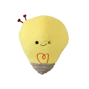 Cute yellow cartoon light bulb plush pillow toy with smiling face and heart antennas