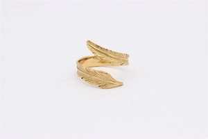 Detailed view of the feather texture and golden finish on the stainless steel ring
