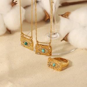 18k gold plated stainless steel evil eye necklace and ring set with turquoise stone