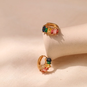 Colorful zircon hoop earrings plated in 18K gold featuring multi-color rectangular gemstones