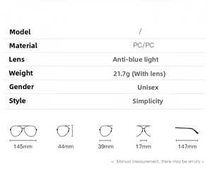Specifiche dettagliate delle dimensioni per occhiali PC anti-luce blu unisex con misure
