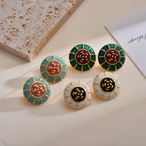 Camellia Flower Enamel Stud Earrings French Retro Round Brass Gold Plated Fashion Jewelry For Women