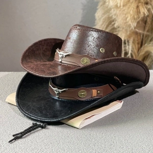 Vintage Western Cowboy Hat With Metal Bull Head PU Faux Leather Wide Brim Outdoor Travel Retro Knight Cap For Men Women