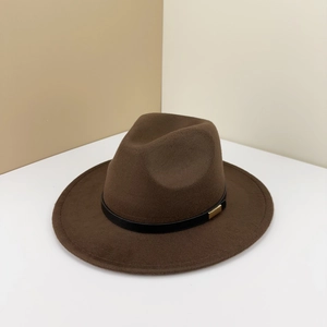 Classic coffee brown wool felt fedora hat with a flat brim and black leather buckle belt