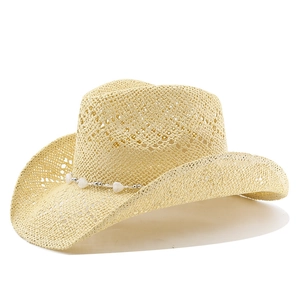 Straw cowboy sun hat for men with breathable hollow weave and heart beaded band