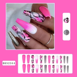 Detail view of 24pcs pink and marble coffin press-on nails with silver glitter stripes