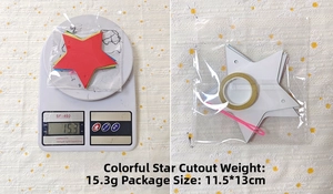 Detailed view of colorful paper star banners with weight and size specifications