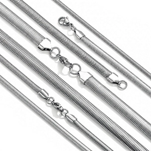 Polished stainless steel flat snake chain necklaces in multiple widths with lobster clasp