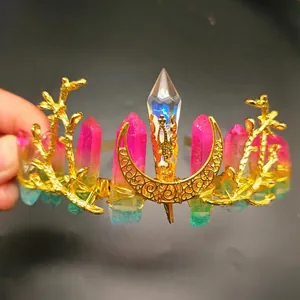 Detailed wire-wrapped crystal crown featuring colorful stones and gold branches