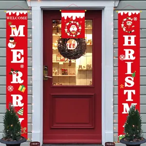 Close-up of three-piece Christmas door banners with Santa, reindeer and snowman prints