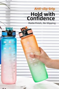 Macro detail of matte gradient water bottle with time markings and motivational quotes