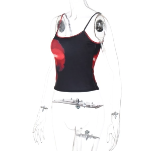 Detail view of black slim-fit tank top with red abstract print on white background