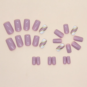 Medium square press-on nails in dusty purple and white with gold foil marble patterns