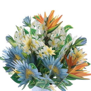 Detailed view of handmade 3D popup card featuring colorful paper lilies and birds of paradise