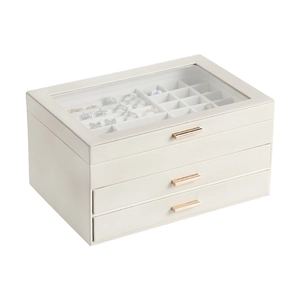 Cream white PU leather jewelry box with clear glass top and three gold handles