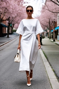 Chic white cotton tie-waist dress with wide sleeves shown in a cherry blossom street view