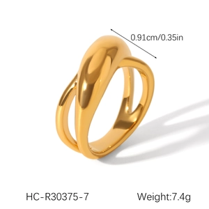 Detailed view of golden croissant ring showing dimensions and polished finish