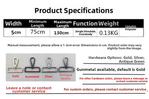 Detailed size chart for 5cm wide adjustable polyester shoulder bag strap with hardware